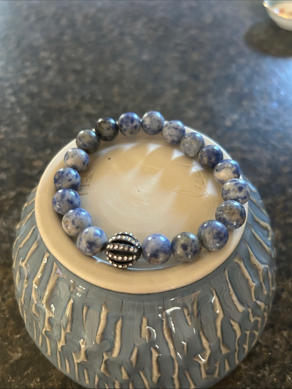Blue Sodalite Bead Stretch Bracelet with Silver Accent